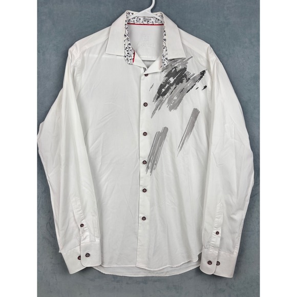 Bugatchi Uomo Other - Bugatchi Uomo Mens White Abstract Graphic Button Down Shirt Shaped Fit Size M